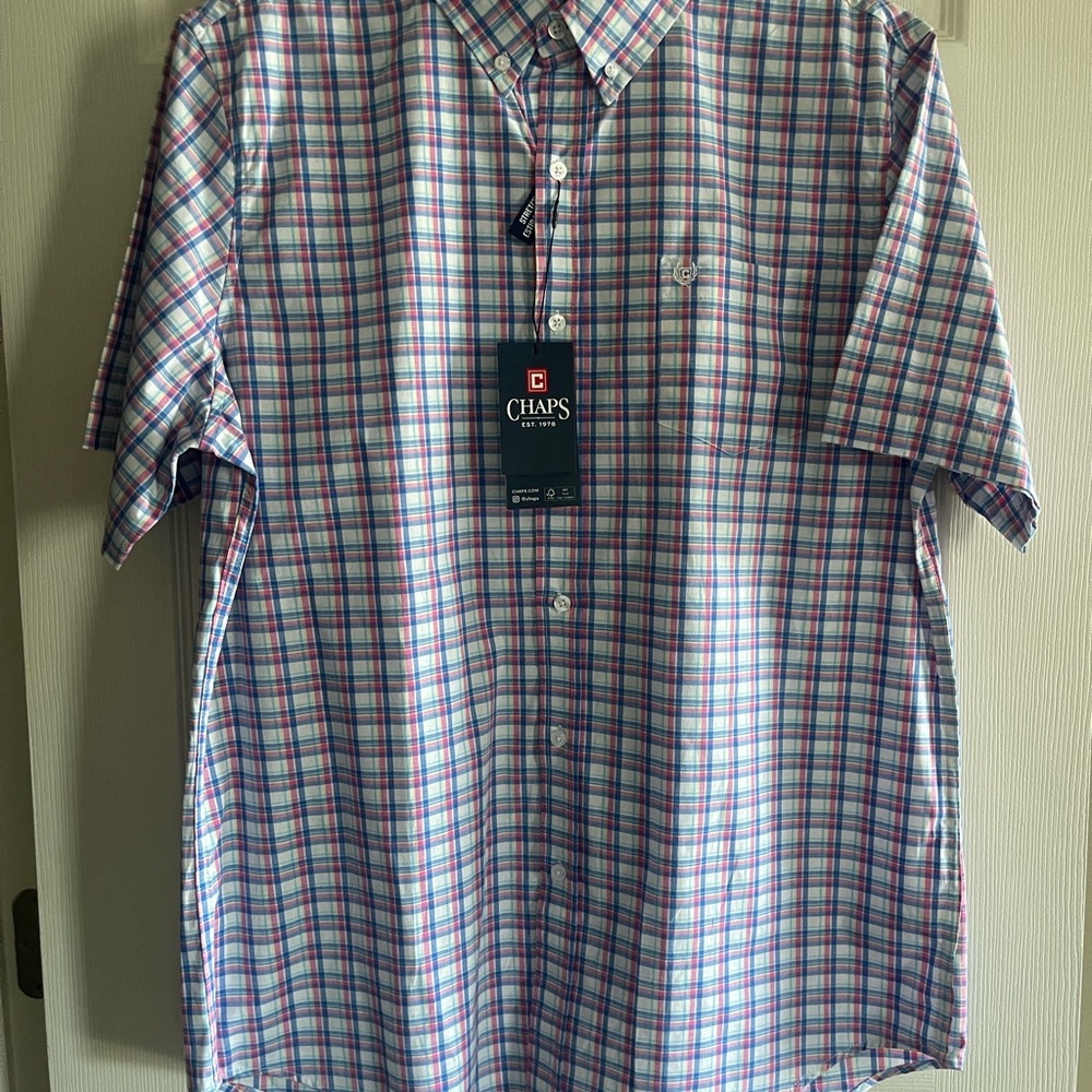 Chaps Men's Short-Sleeve Plaid Button-Down in Blue and Pink